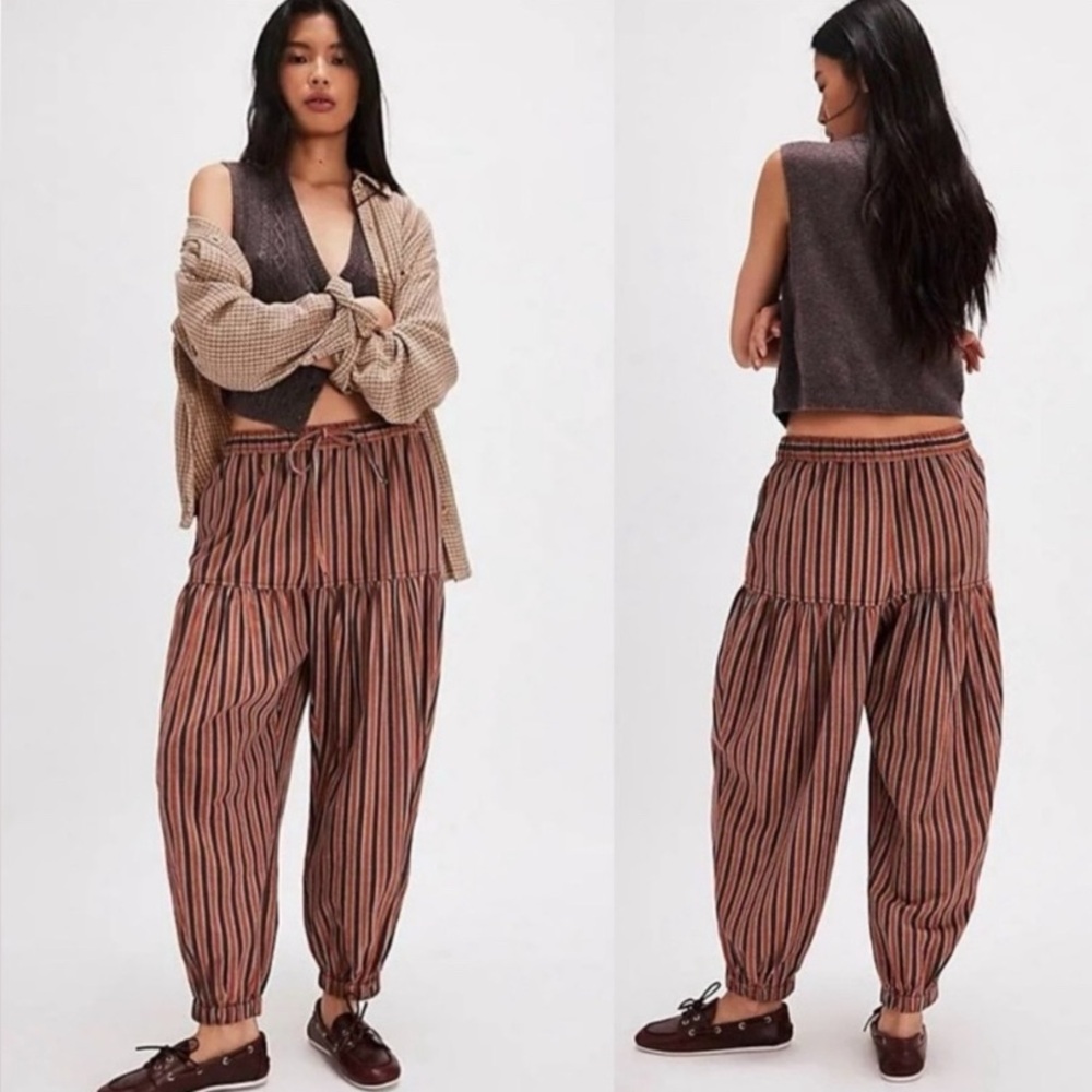 NWT Free People Ellie Striped Pull On Barrel Pants • Brown/Cream